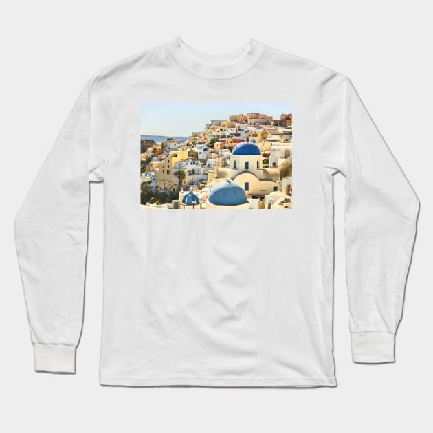 Santorini Blue Domed Churches Long Sleeve T-Shirt by GrahamPrentice